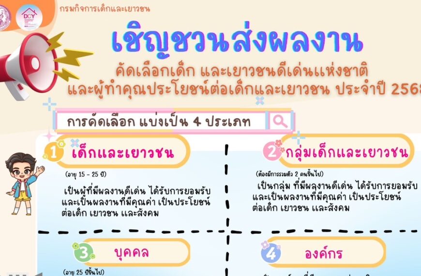 เชิญชวนส่งผลงาน คัดเลือกเด็ก และเยาวชนดีเด่นแห่งชาติและผู้ทำคุณประโยชน์ต่อเด็กและเยาวชน ประจำปี 2568